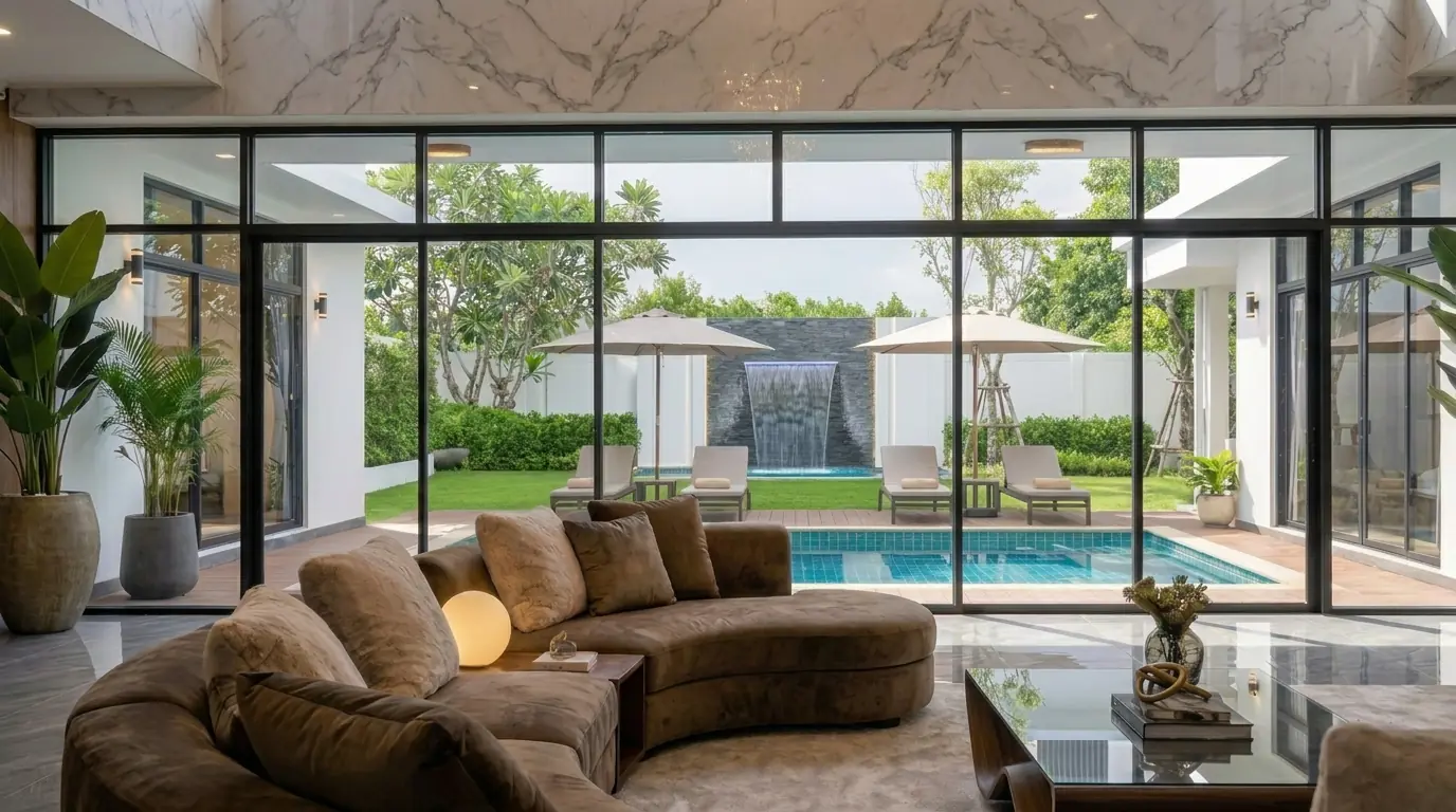 Living room opening to the pool, East Ledang