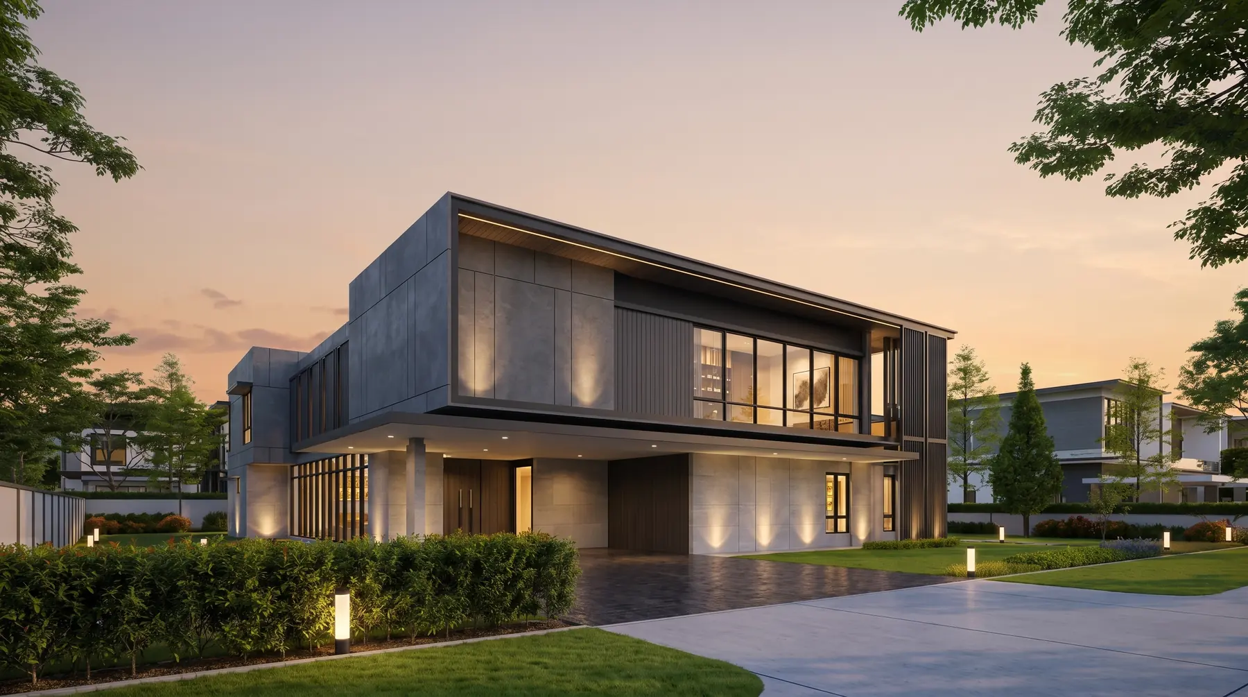 Contemporary bungalow at dusk, Iskandar Puteri